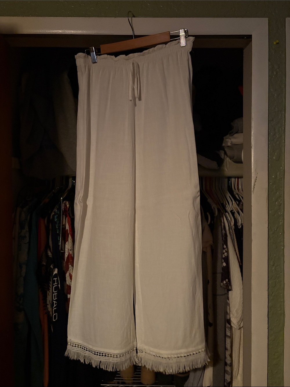 Lightweight Wide-Leg Fringe Hem Pants - White Size XL